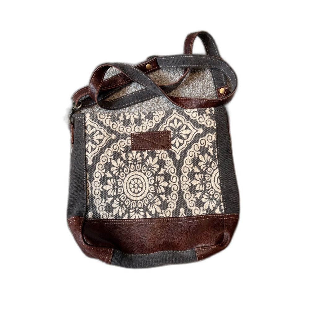 Myra Bag Blue & Brown Floral Canvas Crossbody Purse Leather Trim Boho